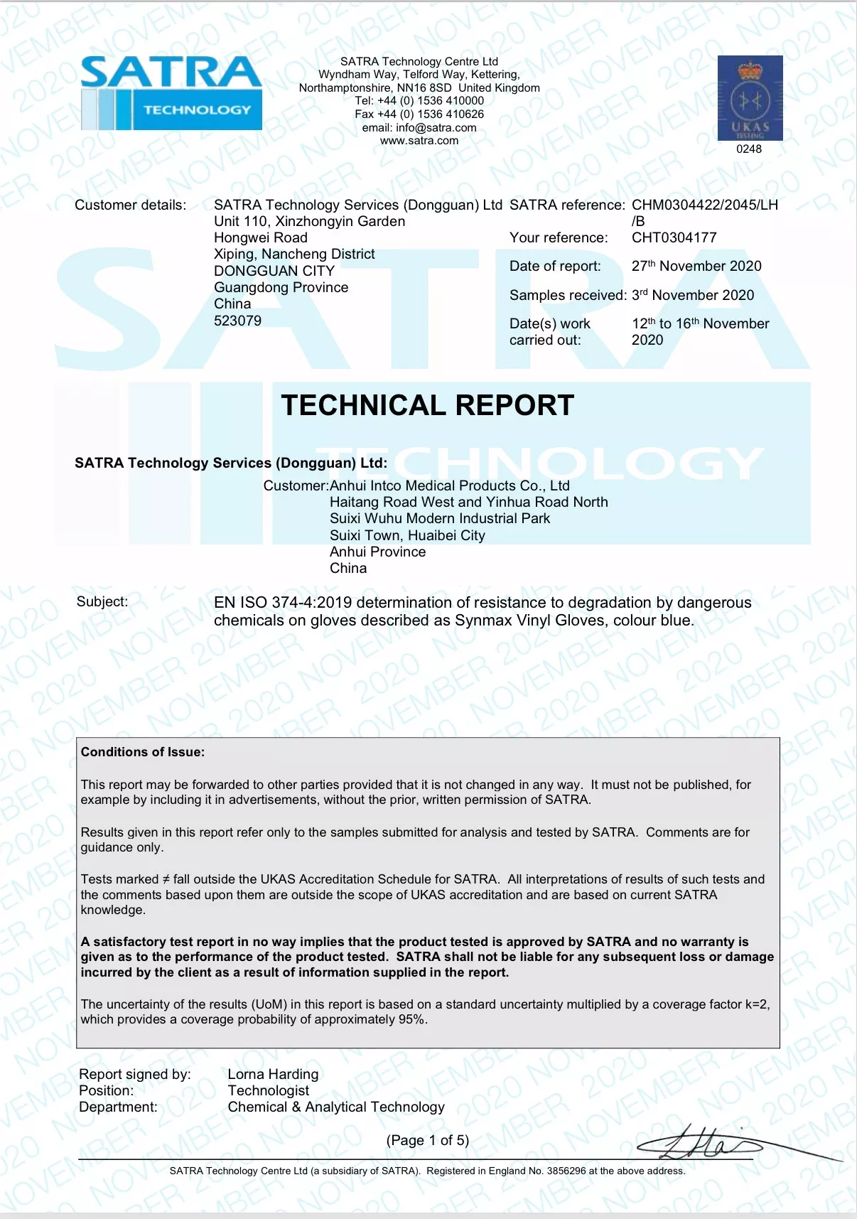 Europe Region – Synmax – Occupational Safety – Anhui Factory – EN 374-4: 37% Formaldehyde Degradation Test – Blue – Nov. 30, 2020