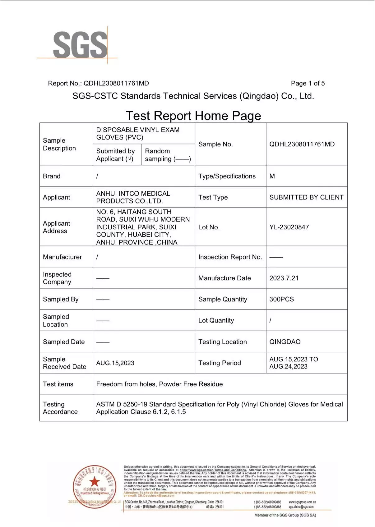 ASTM D5250 Test Report: Pinhole Count — August 24, 2023 (1)
